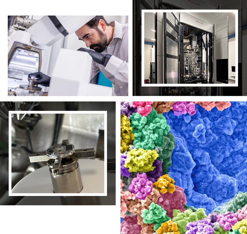 collage featuring the spectra and images of particles taken from AMI microscopes